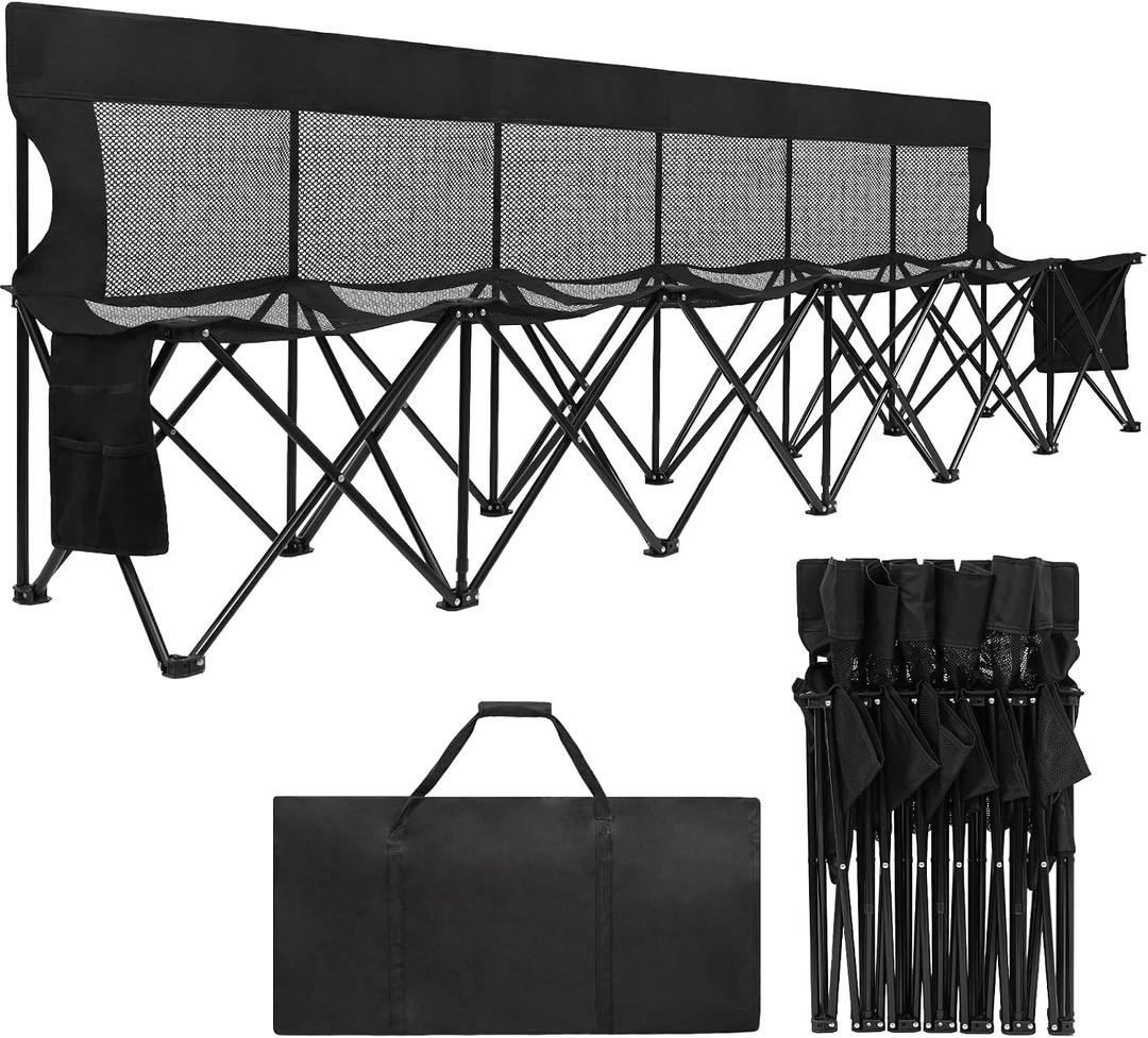 Soccer Bench- Folding Team Bench Soccer 6 Seats, Portable Sideline Sports Benches with Mesh Seat and Back with Bag, Foldable Breathable Chairs for Sports Football Camp Events (Black
