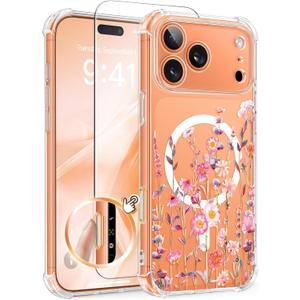 GVIEWIN for iPhone 17 Pro Case Compatible with MagSafe, with Screen Protector Upgraded [Full Camera Protection] [Non Yellowing] Floral Slim Shockproof Clear Women Phone Cover (Floratopia/Colorful)