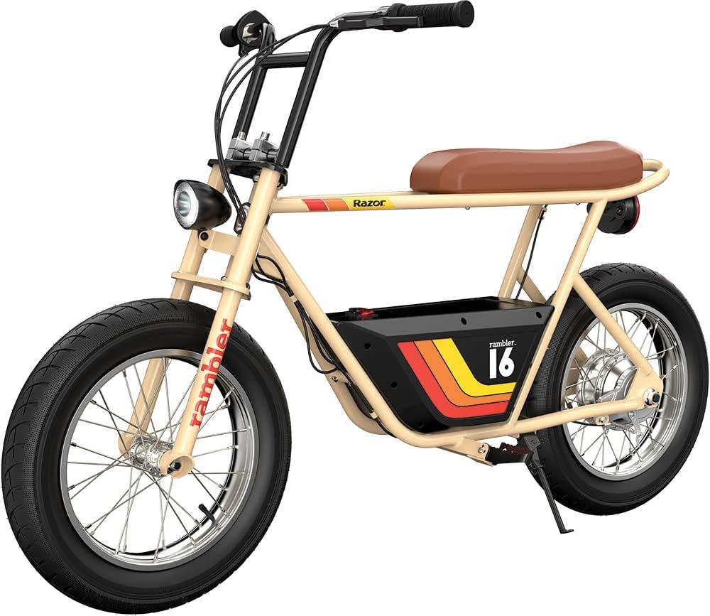 Razor Rambler 16  36V Electric Minibike with Retro Style, Up to 15.5 MPH, Up to 11.5 Miles Range, Wide, Rugged 16" Air-Filled Tires, Powerful 350 Watt Hub-Driven Motor , Tan
