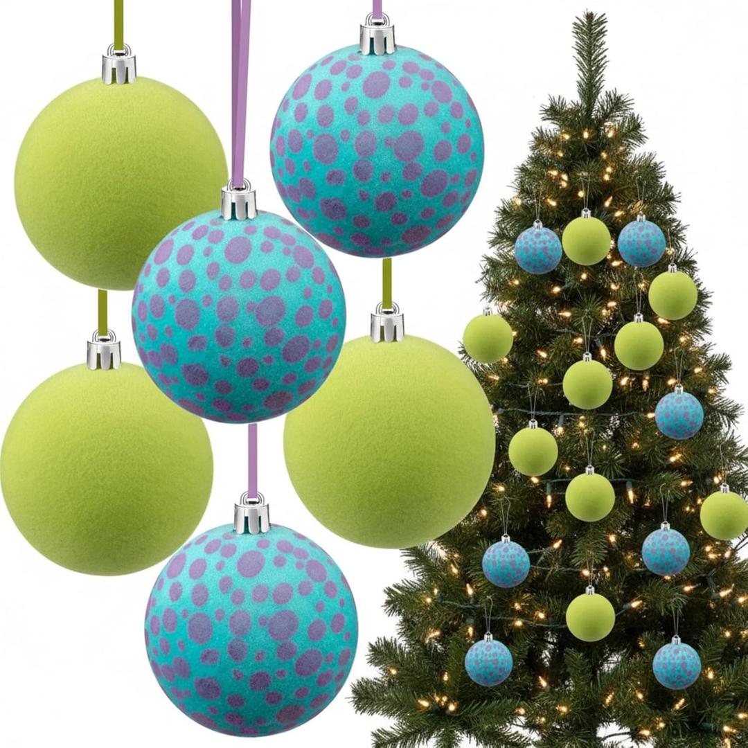 24 Pcs 2.36"/ 60mm Blue and Green Christmas Tree Ball Ornaments Cartoon Velvet Xmas Tree Hanging Decoration Cute Flocked Gifts for Christmas Movie/Studio Theme Birthday Holiday Party Decor