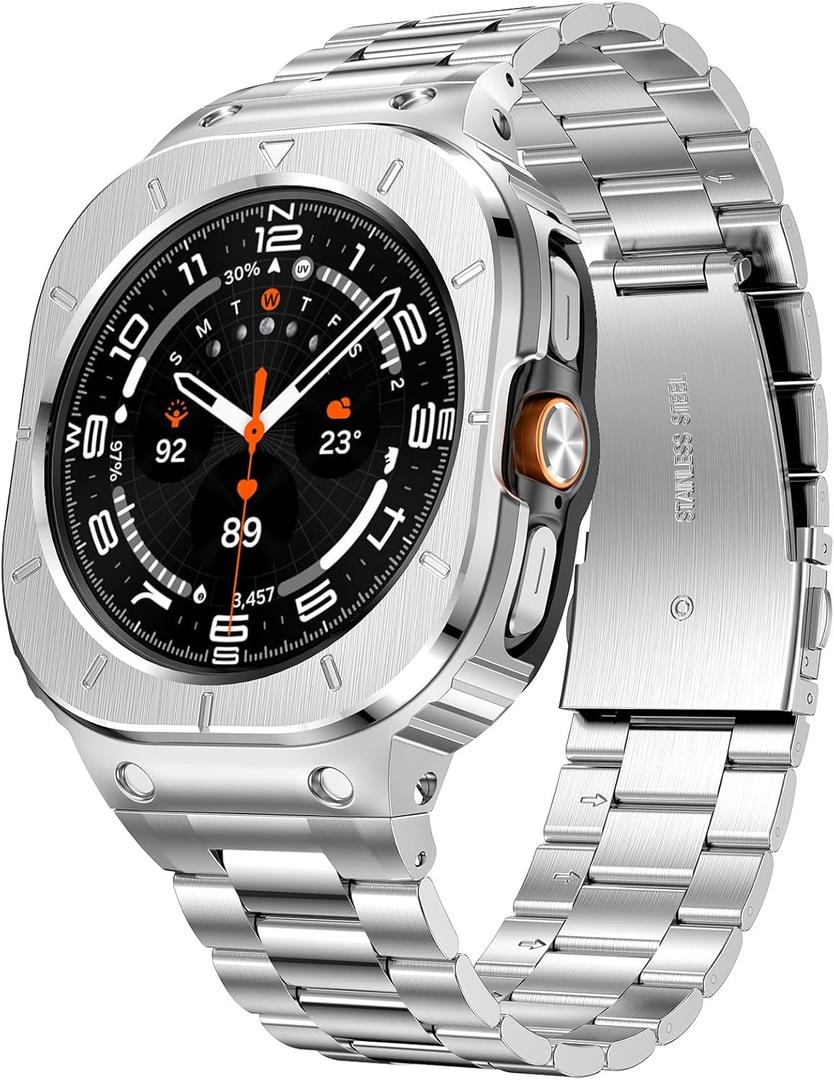 SUPLINK Stainless Steel Case and Band Compatible with Galaxy Watch Ultra Bands Men (2025/2024), Rugged Protective Case Bumper Adjustable Metal Bands for Samsung Watch Ultra Band 47mm, Silver