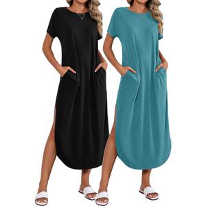 Riyiper 2 Pieces Women's Short Sleeve Maxi Dress Round Neck Casual Loose Split Long Summer Beach Shirt Dress with Pockets (Medium, Black, Lake Blue)