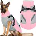 Dog Jacket, Large Dog Coat with Harness Built in, Warm Pet Winter Jacket Zippered Snow Coat with Furry Collar, Waterproof Fleece Snowsuit for French Bulldog, Pink L