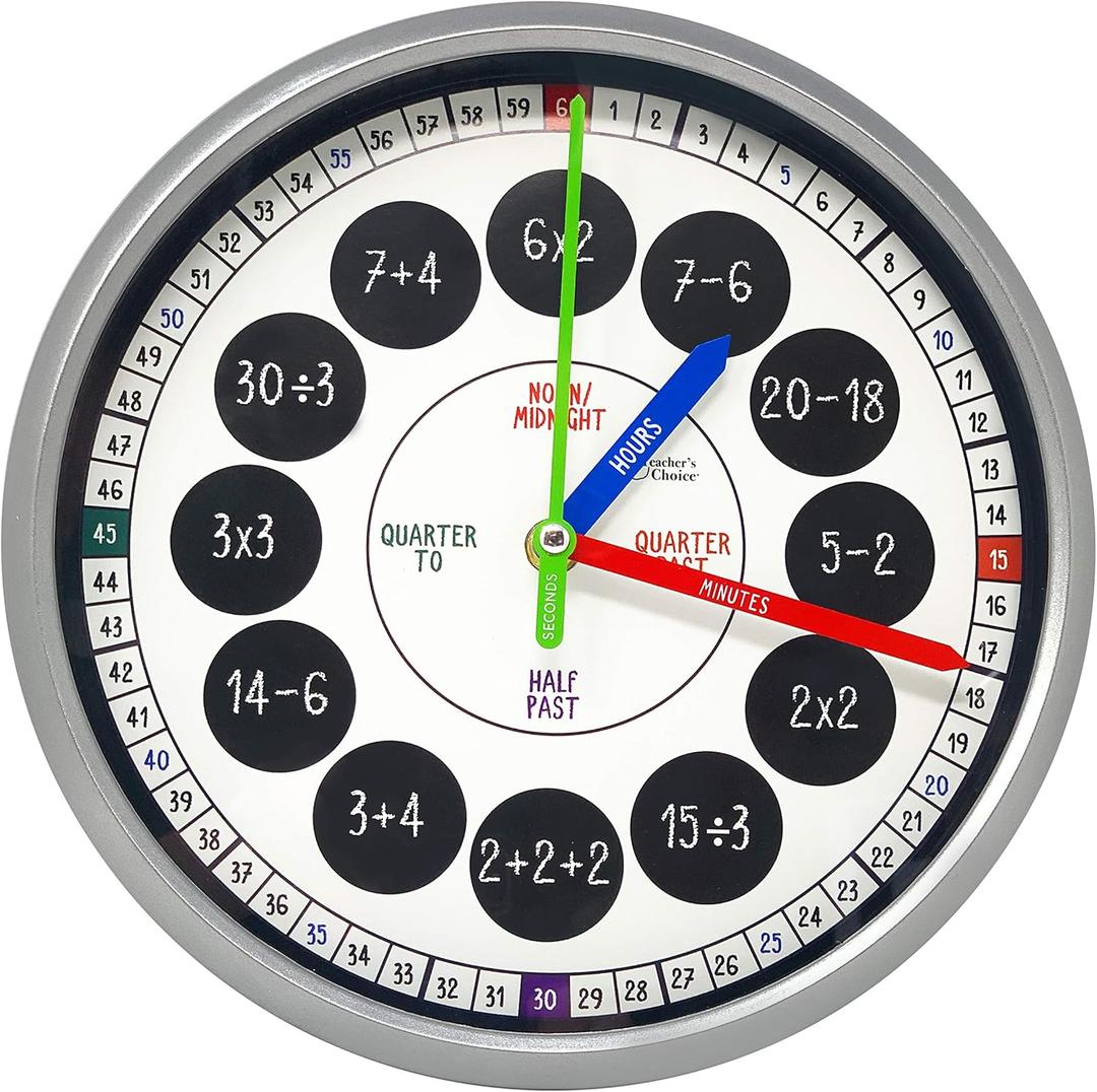 Educational Wall Clock - Silent Movement Time Teaching Clock for Teachers Classrooms and Kid's Bedroom - Math Circles (Silver/Black)