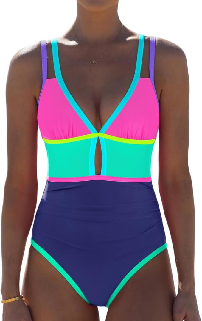 Popvil Women One Piece Swimsuit 2026 Tummy Control Sexy Cutout Neon Color Block Bathing Suit Slimming Adjustable Swimwear (Medium, Purple&navy)