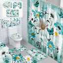 FuWeave 8 Pcs Rustic Farmhouse Shower Curtain Sets for Bathroom Daisy Floral and Butterfly Shower Curtain Sets with Rugs, Flowers Towels, Non-Slip Rug, Toilet Lid Cover, Bath Mat and 12 Hooks(Teal)