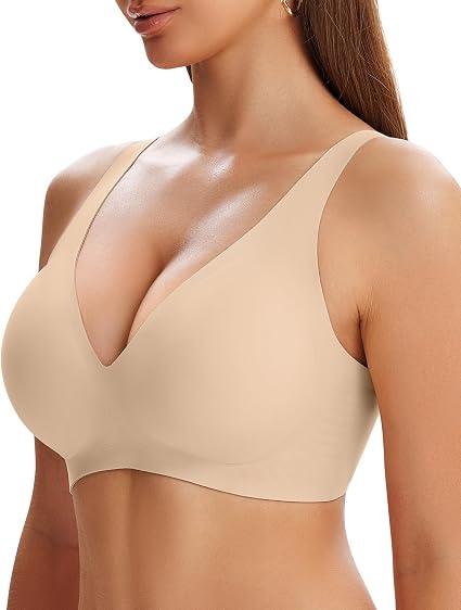 ROIIRO  Jelly Bras for Women Deep V Wireless Bra Seamless Push Up T-Shirt Bra Comfortable No Underwire, Full Coverage, Support and Lift, Adjustable Straps, Balconette, Minimizer, Size: Large