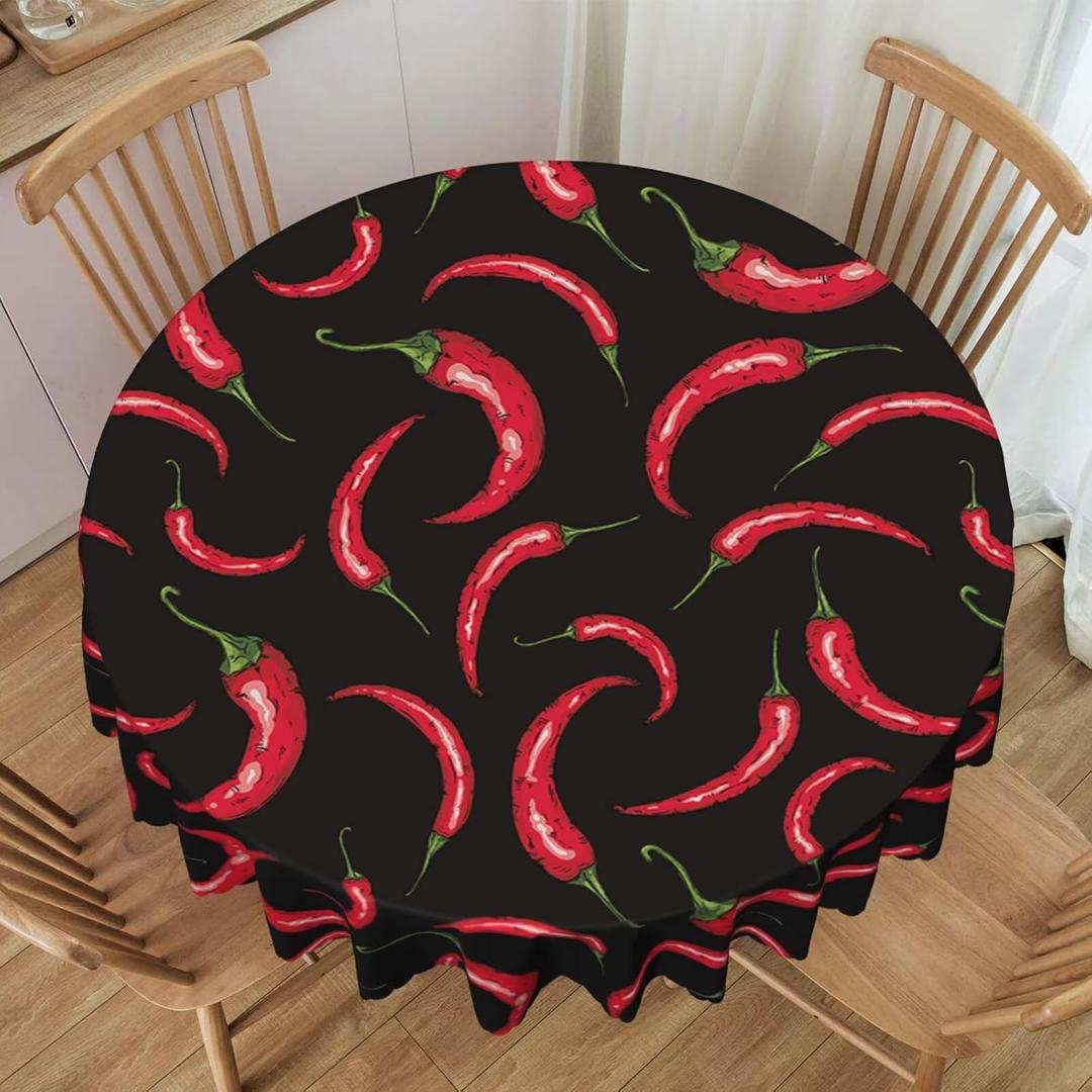 Chili Pepper Round Tablecloth 60 Inch Red Hot Chili Pepper Black Washable Table Cloth Circle Table Cover Decor for Home Kitchen Dining Party Patio