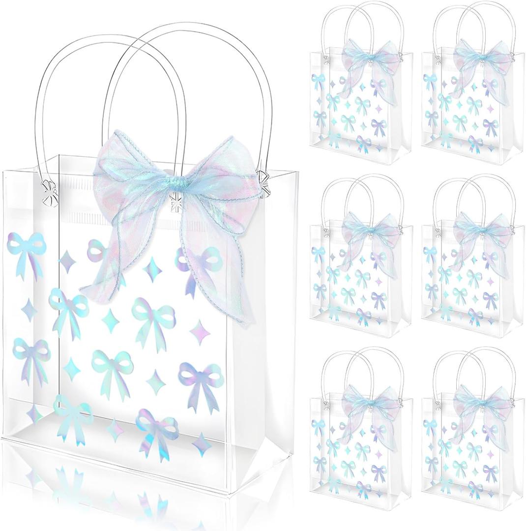 FYSUIMU 24 Pcs Bow Coquette Clear PVC Gift Bags with Handle Ribbon Holographic Bowknot Party Favor Bags Treat Tote Bag for Wedding Birthday Baby Shower Mother's Day Bachelorette Party