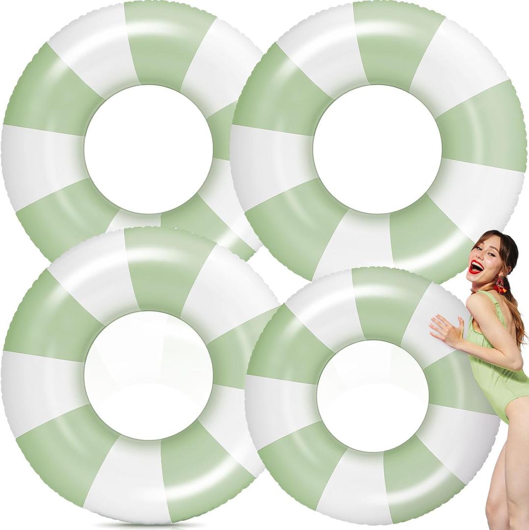 Leyndo 47.24 Inch Jumbo Pool Floats for Adults Women Sage Green Striped Pool Tubes Large Retro Inflatable Swimming Ring Bachelorette Swimming Summer Beach Wedding Party Decor