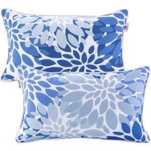 Pack of 2 Patio Lumbar Pillows, 12x20 Fade Resistant Outdoor Waterproof Lumbar Pillow with Inners, Decorative Garden Lumbar Cushions for Home Patio Terrace Sofa Use (Blue and Grey)