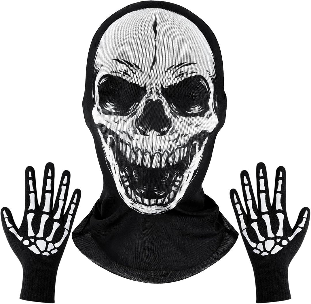 Adult White Skull Mask and Skeleton Gloves Costume Accessories for Halloween Masquerade Themed Parties