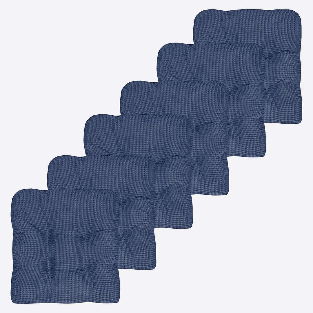 Sweet Home Collection Chair Cushion Crushed Memory Foam Pads Premium Slip Non Skid Microdot Rubber Back Tufted 16" x 16" x 3.25" Thick Seat Cover, 6 Pack, Navy Blue, Fluffy Chair Cushion, 6 Count