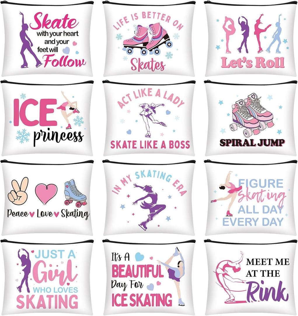12 Pcs Ice Skating Makeup Bag for Women Figure Skate Cosmetics Bag Zipper Pouch Christmas Gifts for Skater Lovers Coach Birthday Skating Party Favor