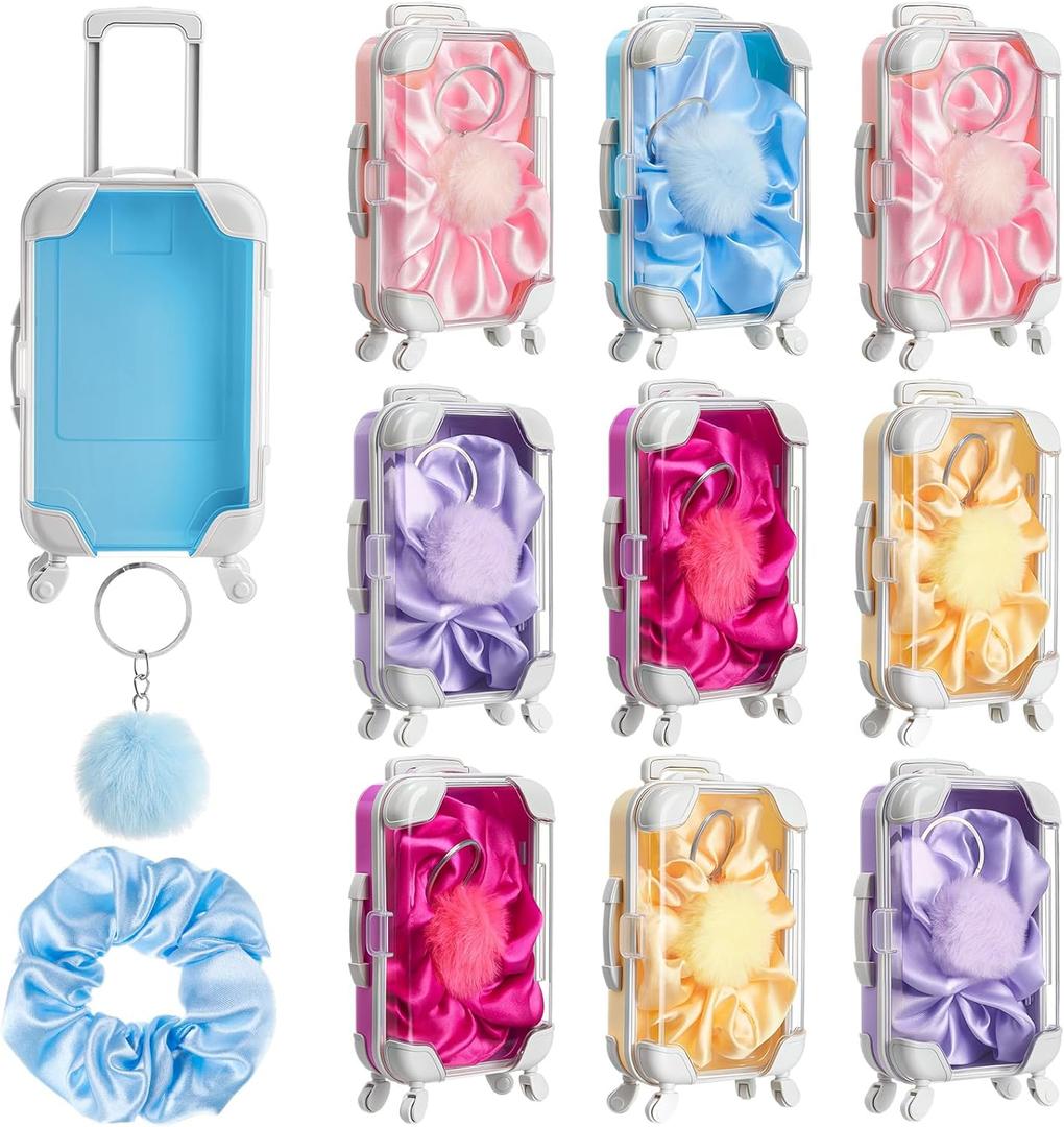 LemonRoad 30 Pcs Mini Suitcase Empty Storage Box and Plush Ball Keychain Candy Luggage Containers Packaging Case for Galentine Bridal Shower Baby Shower Party Favors Travel Gifts (Multicolor)