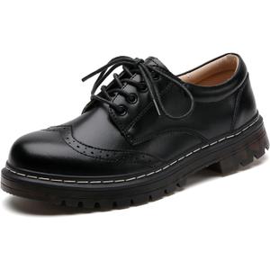 Womens Platform Wingtip Flat Oxfords Cozy Lace up Brogues Shoe Comfortable Leather Saddle Shoe Black US 8
