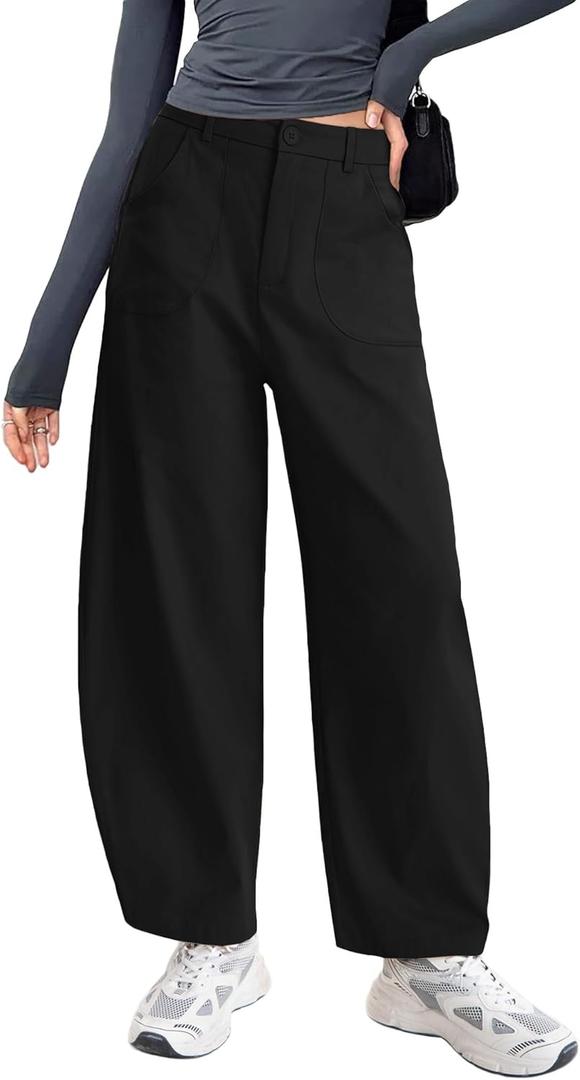 Womens Cotton Pants Casual Capri Baggy Wide Leg Trousers Palazzo Pants for Women with Pockets (Medium, Black)
