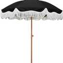 AMMSUN Boho Fringe Umbrella Outdoor Patio, 6.5ft UPF50+ Picnic Umbrella with Tassels with Steel Pole and Push Button Tilt, Noble Black