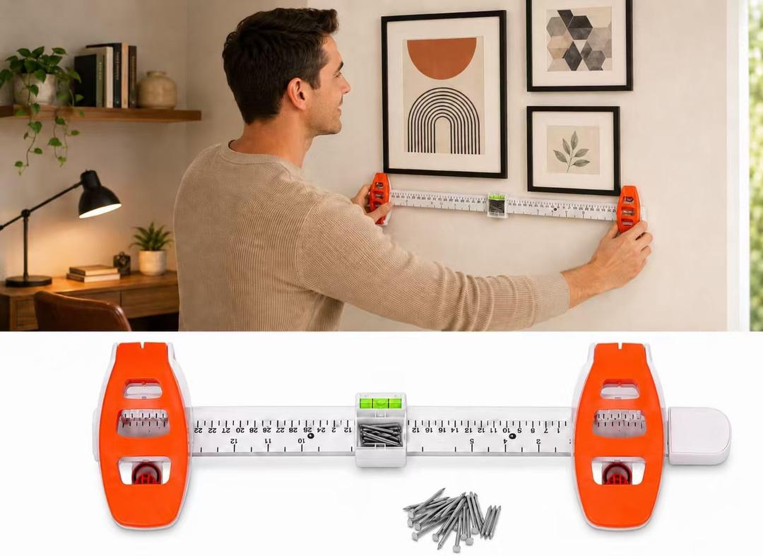 4-in-1 Picture Hanging Tool with Level, Magnetic Nail Holder, Ruler Marking Guide, Includes 30 Nails for Hanging Picture Frames, Mirrors, Clocks & Gallery Wall Decor