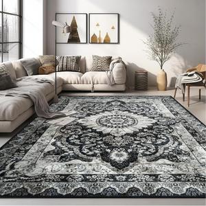 Area Rug 4x6 Washable Living Room Rug, Vintage Soft Boho Non-Slip/Non-Shedding Print Floor Carpet for Dining Room, Bedroom-Black