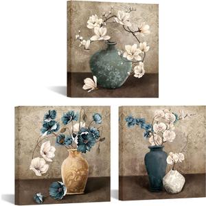 Nachic Wall 3 Pieces Vintage Floral Canvas Art Blue White Orchid Poppy Magnolia Vase Flower Painting Retro Artwork for Living Room Bedroom Gallery Wrap Ready to Hang 12x12inchx3pcs (Blue)