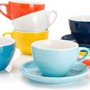 Sweese 6 Ounce Cappuccino Cups with Saucers, Porcelain Double Espresso Cups Set of 6 - Hot Assorted Colors (Multicolor)