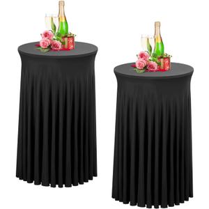 Babenest 24"x 43" Round Cocktail Table Skirt, 2 Pack Spandex Stretch Round Tablecloths with Natural Wavy Drapes, Fitted High Top Bar Cocktail Table Covers for Wedding Party Birthday Banquet (Black) (Black)