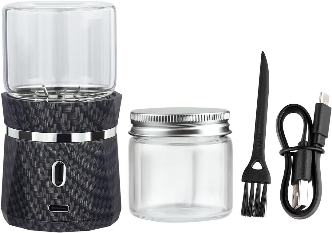 Unique Electric Herb Grinder, Small Spice Grinder Electric herb Grinders Mini Size 2x3.5inches with 2pcs 1.7oz/50ml Glass Jar Herb Jar Portable Grinders Rechargeable Automatic herb Grinder