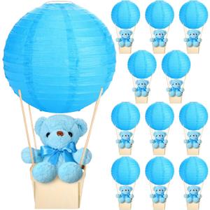 Baquler 12 Sets Baby Shower Hot Air Balloon Table Centerpieces DIY Paper Lanterns Stuffed Plush Bear Wooden Baskets for Wedding Birthday Gender Reveal (Blue,Solid Style)