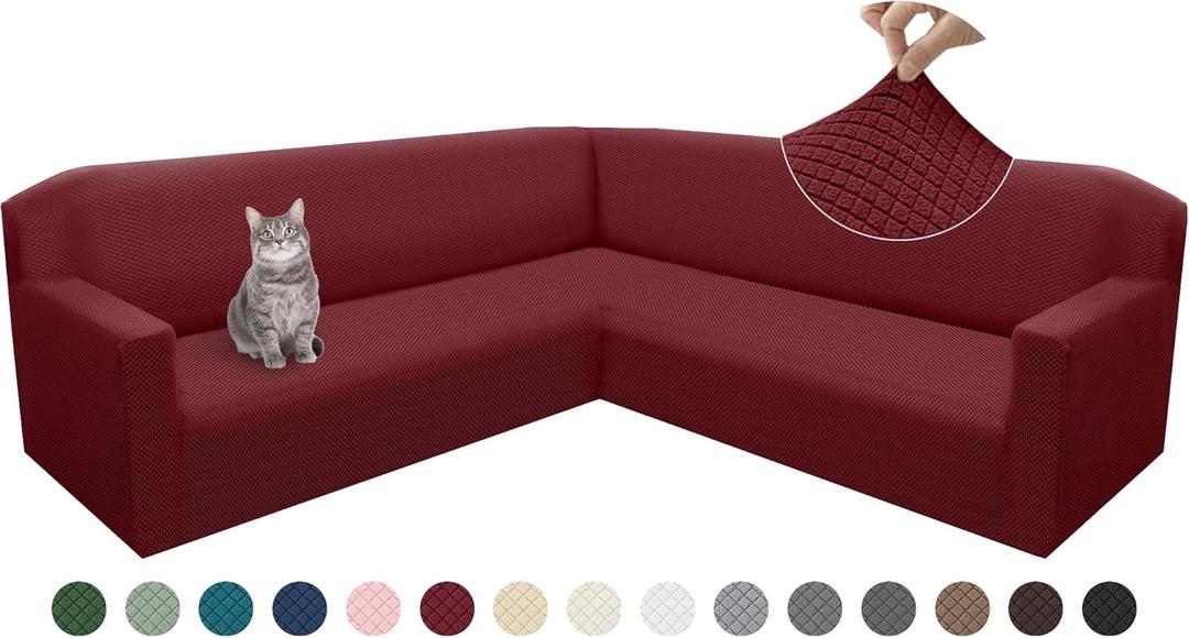 Arfntevss L Shape Sectional Couch Covers Corner Sectional Couch Covers for Dogs Pets Stretch Feature Jacquard Design U Shaped Sofa Covers Burgundy Extra Large Soft Slipcover Set (Wine Red, X-Large)