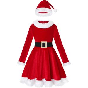 Koatobbor Girls Mrs. Santa Costume Red Dress Christmas Holiday Dress Up Outfits with Hat and Belt (4-5 Years)