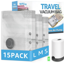 15 Packs Vacuum Bags for Travel with Rechargeable Pump, 3 Sizes Vacuum Seal Bags for Clothing, Compression Vacuum Travel Bags for Luggage, Vacuum Packing Bags for Closet Organization