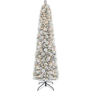 Puleo International 6.5ft Pre-Lit Flocked Portland Pine Pencil Christmas Tree with 300 Clear Lights, 410 Realistic Dense Snow Flocked Branch Tips, Easy Setup Artificial Trees with Sturdy Metal Stand