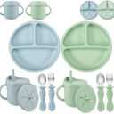 PandaEar Silicone Baby Feeding Set| 2 Pack Silicone Divided Suction Plate and 2 Pack Tiny Cup with 2 Spoons 2 Forks| Baby Led Weaning Supplies Self Feeding Eating Utensils (Light Blue/Light Green)