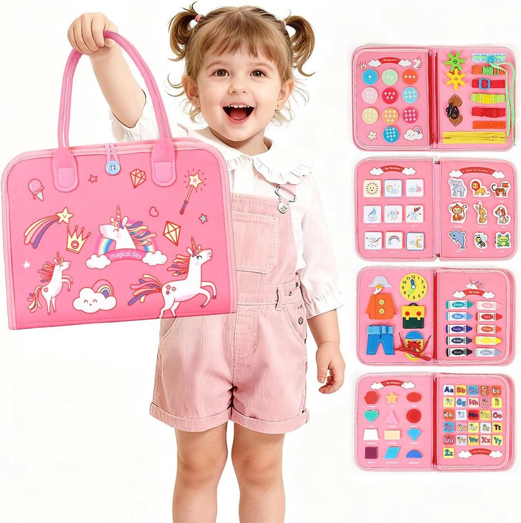 Toddler Montessori Busy Board Toys for Little Girl Gifts: Educational Preschool Learning Travel Toys, Busy Book Learning Sensory Toys for Toddler Girls, Girls Unicorn Christmas Birthday Gifts (Pink)