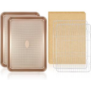 2 Pack 17'' Baking Sheet Set with Rack and Parchment Paper (2 Pans + 2 Racks + 50 Papers), Non-Stick Cookie Sheet with Food Cooling Rack, Heavy Duty & Warp Resistant, No Rust Large Baking Pan