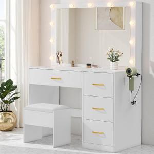 DWVO LED Makeup Vanity Table with 3 Light Modes, 4 Storage Drawers, Built-in Power Outlets & Hairdryer Holder, Dressing Table with Cushioned Stool