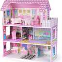 Wooden Dollhouse for Girls, 3-Story Doll House Playset with Furniture & Accessories, Large DIY Wooden Pink House for Kids, Pretend Play Dollhouse Kit, for Toddlers & Girls