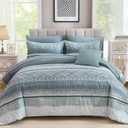 WONGS BEDDING 8 Piece Queen Size Comforter Set, Blue Striped Bed in a Bag Comforter and Sheet Set, Boho Lightweight Microfiber Bedding Set for All Season (90"90")