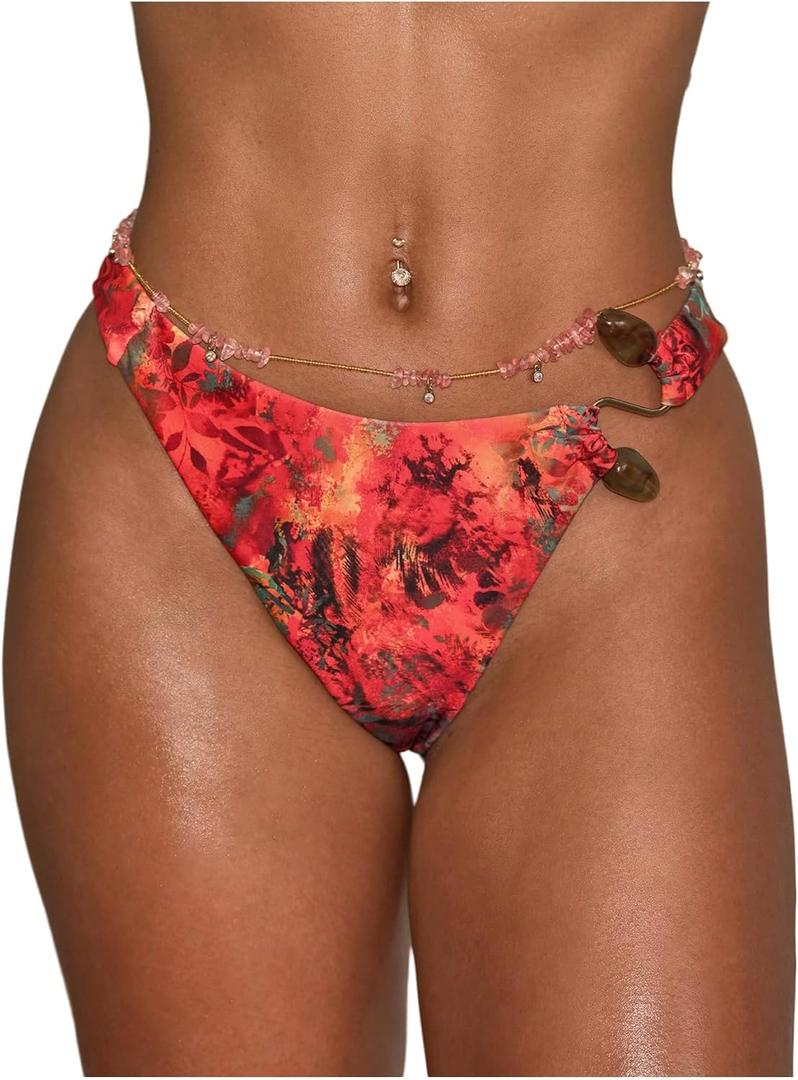 Floerns Women's Floral Tie Dye High Cut Bikini Thong Bottom Linked Low Rise Swimsuit Bottoms Orange Multi X-Large
