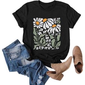 Cute Boho Floral Graphic T-Shirt for Women Vintage Daisy Wildflower Print Tee Trendy Summer Casual Tops (Medium, Black)