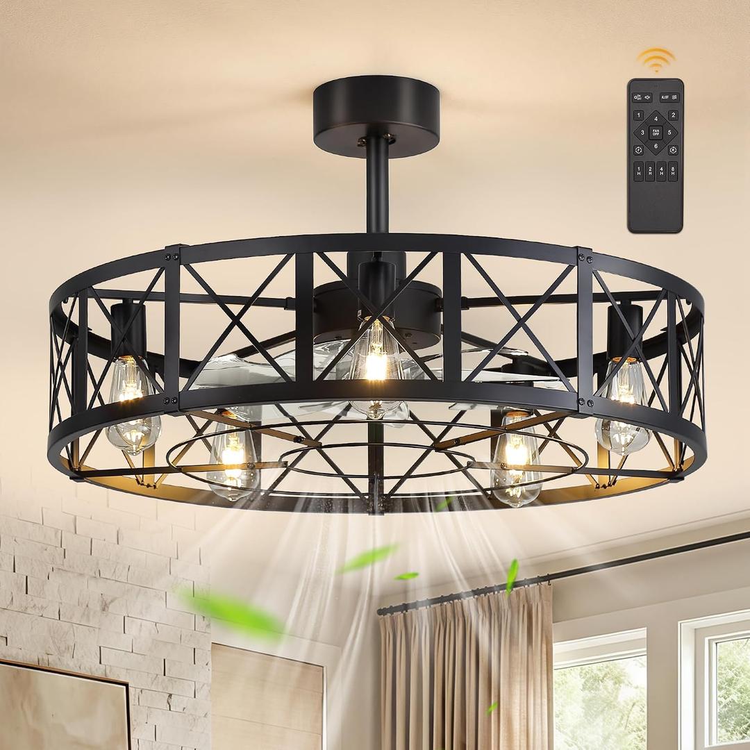 Fanbulous 30" Fandelier Caged Ceiling Fans with Lights and Remote, Black