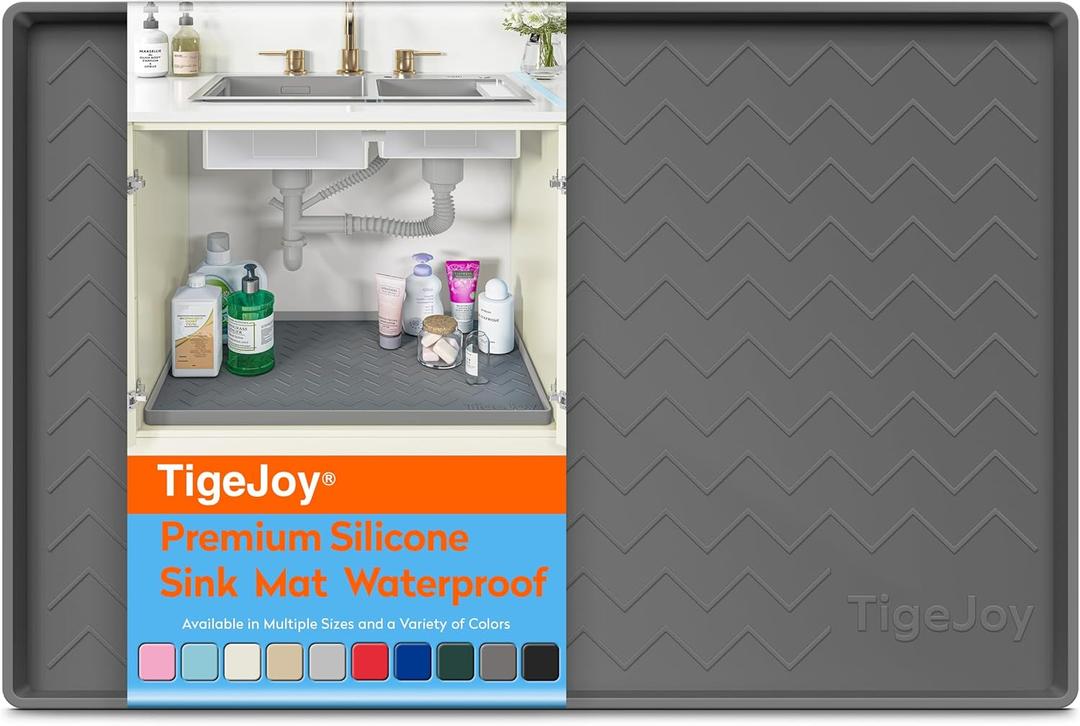 TigeJoy Under Sink Mat 37" x 19" - Silicone Sink in Kitchen and Bathroom Organizers and Storage, Waterproof Protector for Drawer Shelf and Cabinet Liner, Flexible Sink Drip Tray (Dark Gray)
