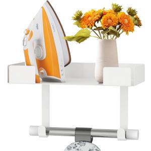 JUYSON Ironing Board Holder Wall Mount, Iron Board Storage Hanger for Laundry Rooms, Iron and Ironing Board Set Holder (White-with Shelf)