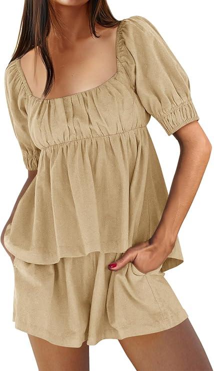 Tankaneo Womens 2 Piece Outfits Summer Square Neck Short Puff Sleeve Babydoll Tops and Shorts Matching Set