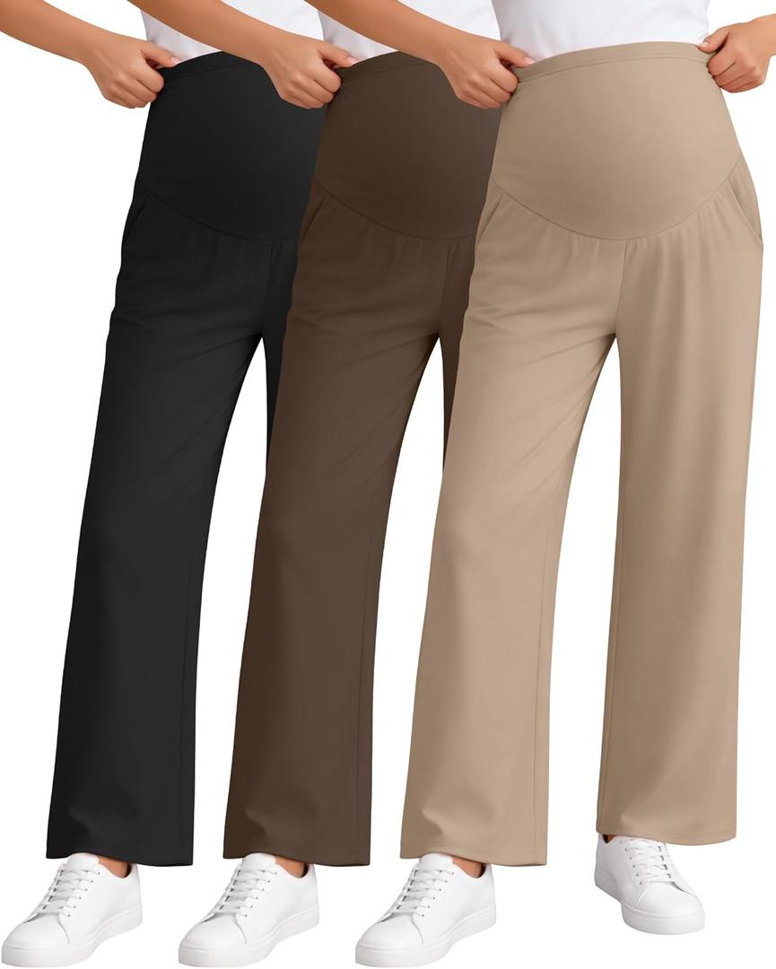 3 Pack Women's Maternity Pants Loose Wide Leg Pregnancy Sweatpants Over The Belly Lounge Pants Pajama with Pockets (Large, Black, Brown, Khaki)