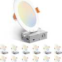 Amico 12 Pack 6 Inch 5CCT Ultra-Thin LED Recessed Ceiling Light with Junction Box, 1050LM Brightness, Dimmable Canless Wafer Downlight, 12W, ETL&FCC (White)