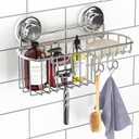 HASKO Suction Cup Shower Caddy Basket for Shampoo, Shower Suction Shelf Organizer, Basket with Soap Holder and Hooks, Stainless Steel Shampoo Holder for Bathroom Storage (Chrome)