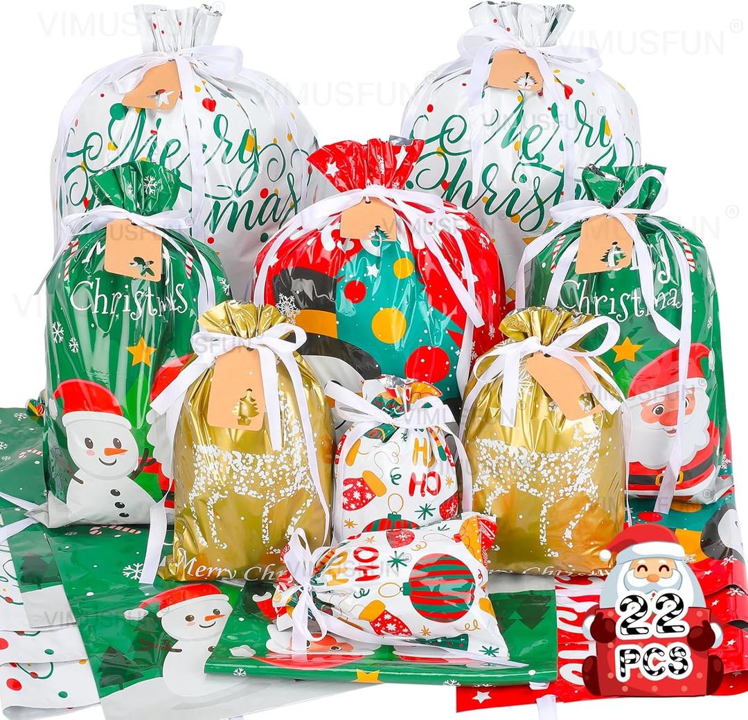 Christmas Gift Bags, 22pcs Christmas Bags for Gifts, Drawstring Christmas Gift Bags Assorted Sizes-Large, Medium, Small, Holiday Gift Bag, Christmas Wrapping Paper Reusable Plastic Christmas Bags Bulk