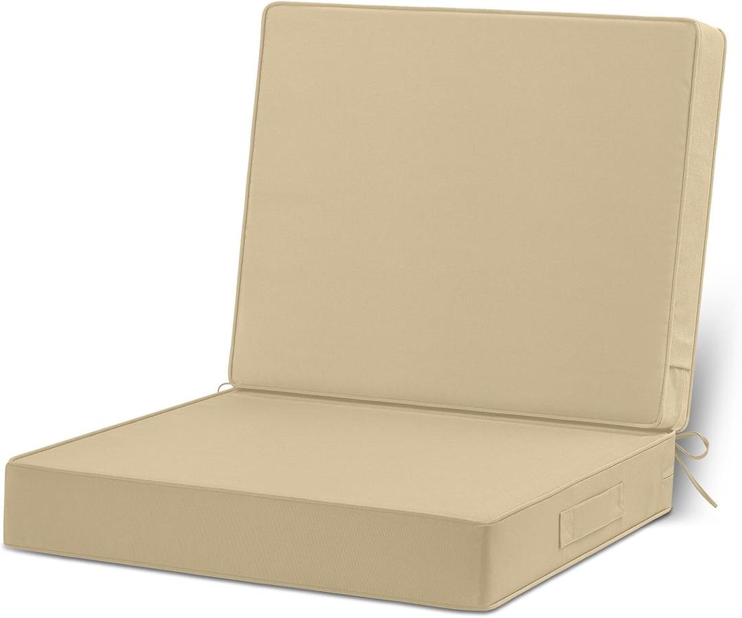 24x24 Outdoor Cushions for Patio Furniture, Waterproof Outdoor Chair Cushions with Non-Slip Ties and Handle, Washable Deep Seat Cushions for Outdoor Furniture with Removable Cover, Khaki